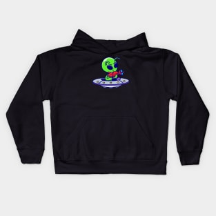 Cute Alien Holding Gun On UFO Spaceship Cartoon Kids Hoodie